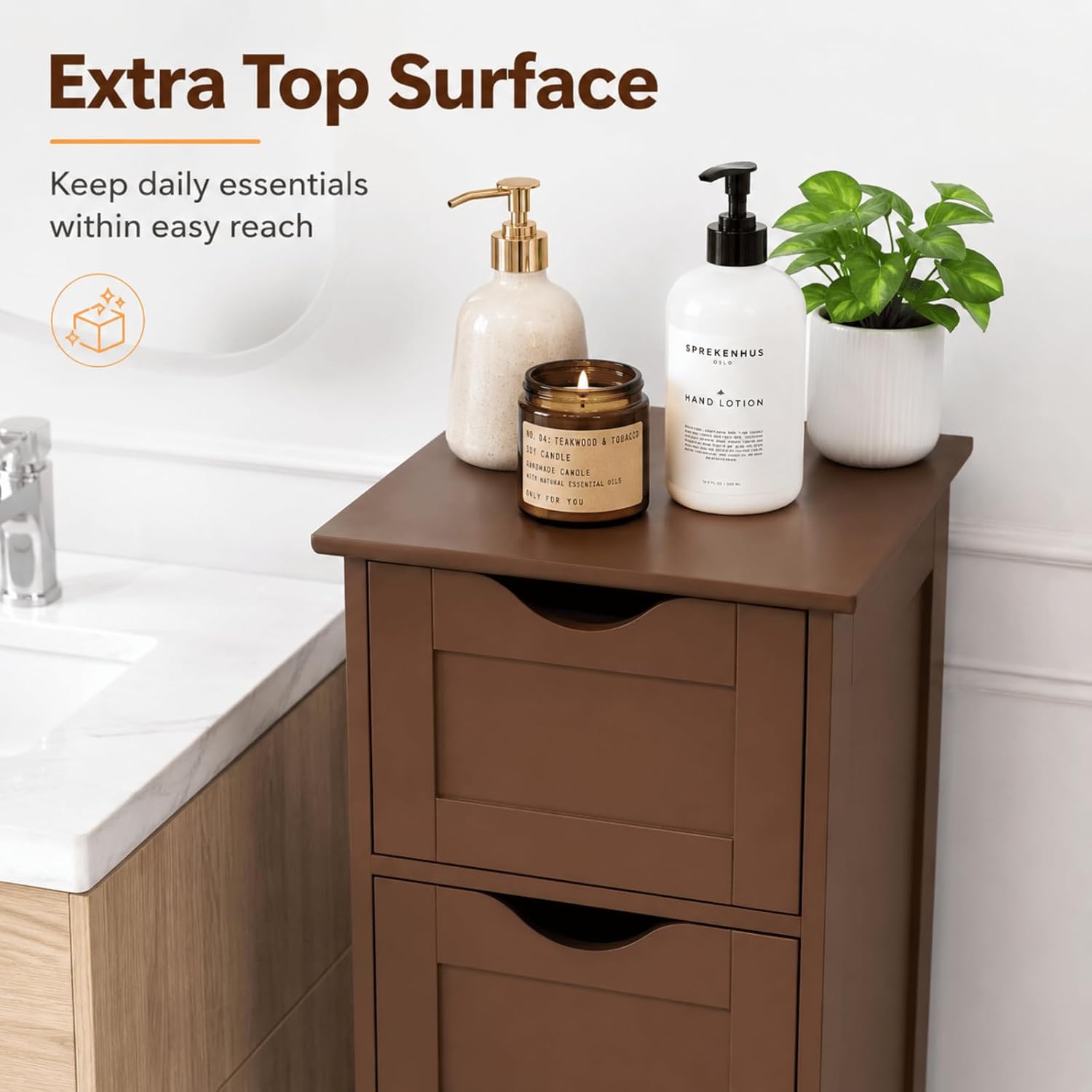 VINGLI 4-Drawer Bathroom Storage Cabinet, Slim Freestanding Floor Cabinet Organizer, 11.8" W x 11.8" D x 32.1" H, Narrow Linen Cabinet for Toiletries, Towels, Toilet Paper, Walnut Brown