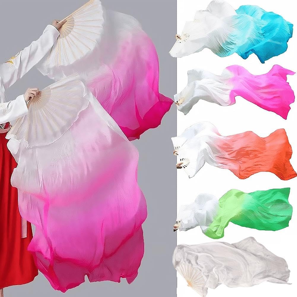 1 Pair Dance Fans for Belly Dance,Bellydance Faux Silk Veil Fan,Handmade FauxSilk Fan Colorful Long Streamers VeilFan,1.2m Artificial Silk Bamboo Foldable Fans,for Dancing Performances