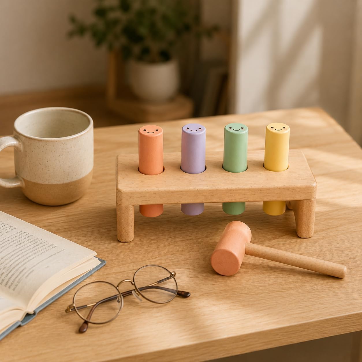 Juju Wooden Peg Bench Nursery Decor – Natural Beechwood Frame with 4 Sherbet Pastel Smiley Pegs and Matching Mallet – Tap-Through and Flip-to-Reset Design – Soft Satin Wood Shelf Accent