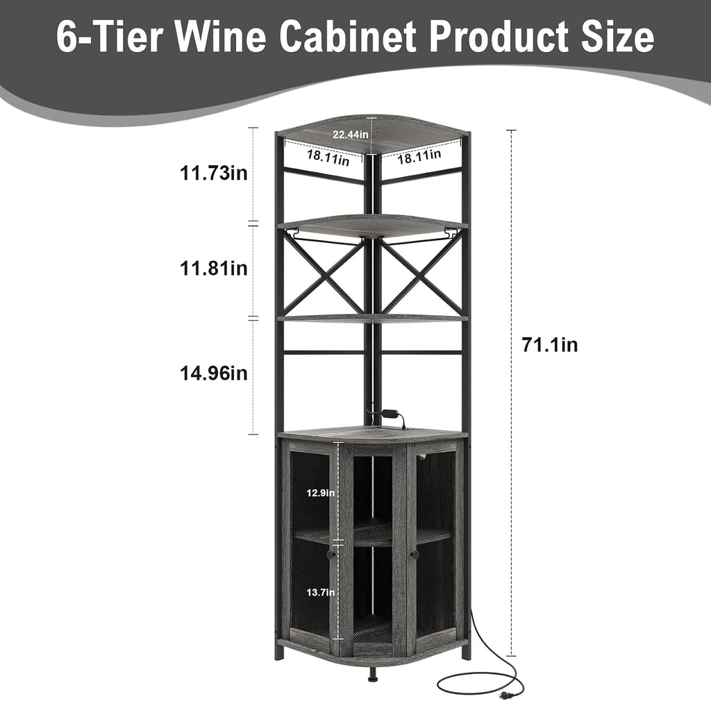 Wine Bar Cabinet with Power Outlet, 6-Tiers Industrial Wine Cabinet with LED Light and Glass Holder, Corner Bar Cabinet with Adjustable Shelf and Mesh Door, Liquor Cabinet Bar for Home