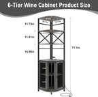 Wine Bar Cabinet with Power Outlet, 6-Tiers Industrial Wine Cabinet with LED Light and Glass Holder, Corner Bar Cabinet with Adjustable Shelf and Mesh Door, Liquor Cabinet Bar for Home