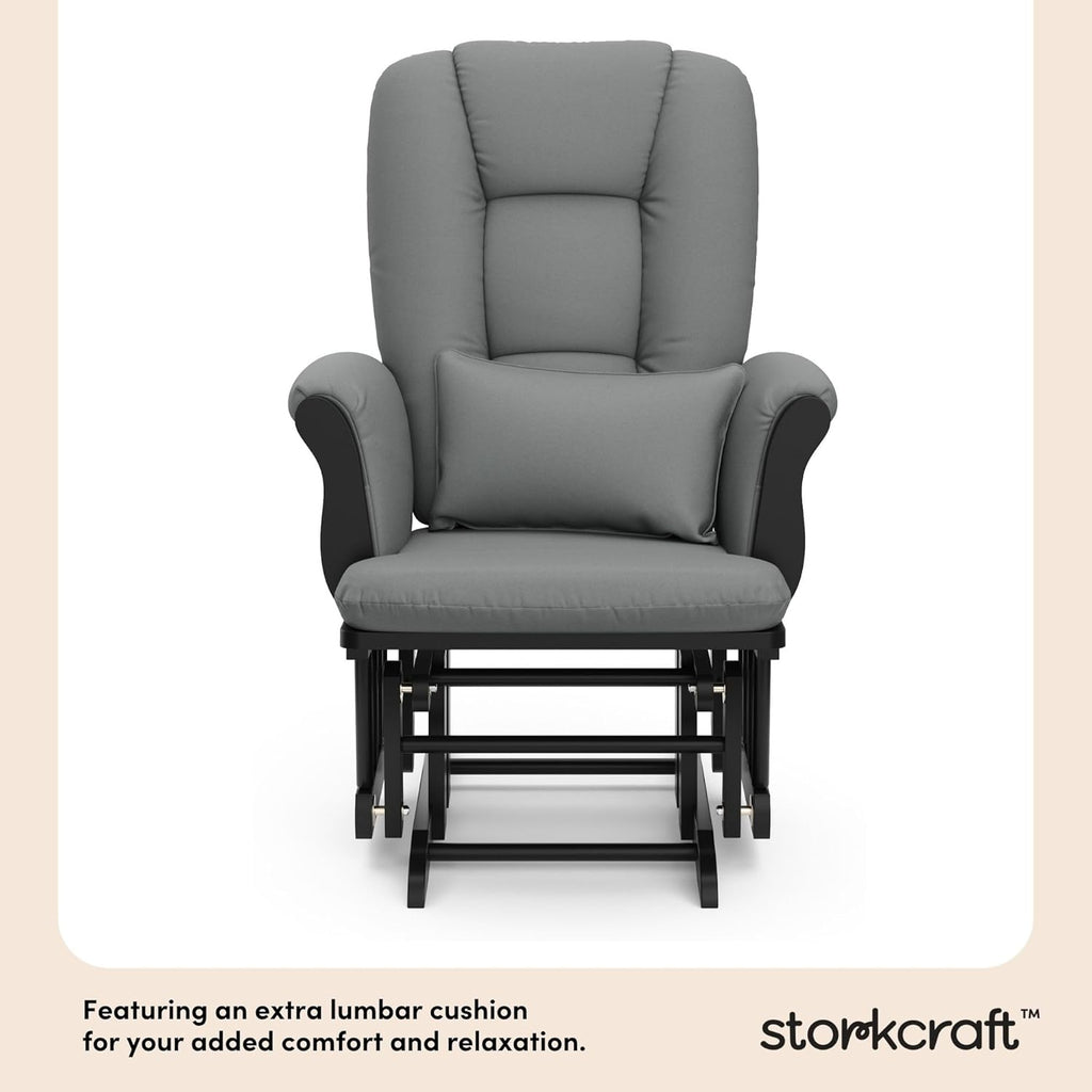 Storkcraft Tuscany Glider with Ottoman (Black/Gray) — GREENGUARD Gold Certified, Bonus Lumbar Cushion Included, Solid Wood Base, Smooth Motion, Award-Winning Nursery Rocking Chair, Glider and Ottoman