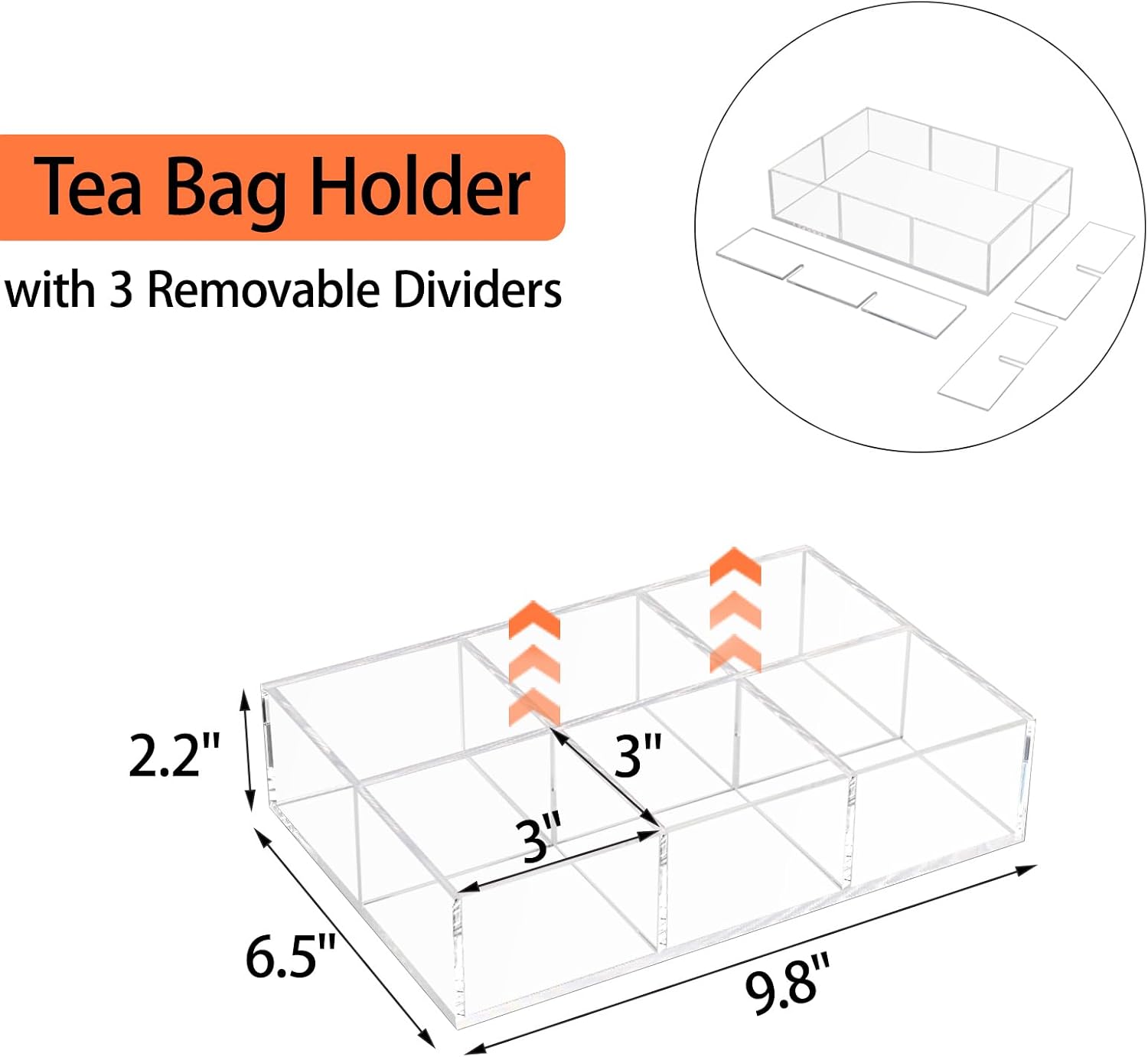 Tasybox Acrylic Tea Bag Organizer, Clear Tea Bag Holder, Drawer Organizer | Tea Bag Holder with Removable Dividers, 6 Slot Tea Organizers and Storage for Countertop, Drawer, Pantry, Kitchen, Cabinet