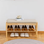 SOBIBO Entryway Shoe Bench with Cushioned Seat, 2-Tier Rubberwood Shoe Rack Storage Organizer for 8-12 Pairs, 31.5" Shoe Storage Bench (Beige & Natural Wood)