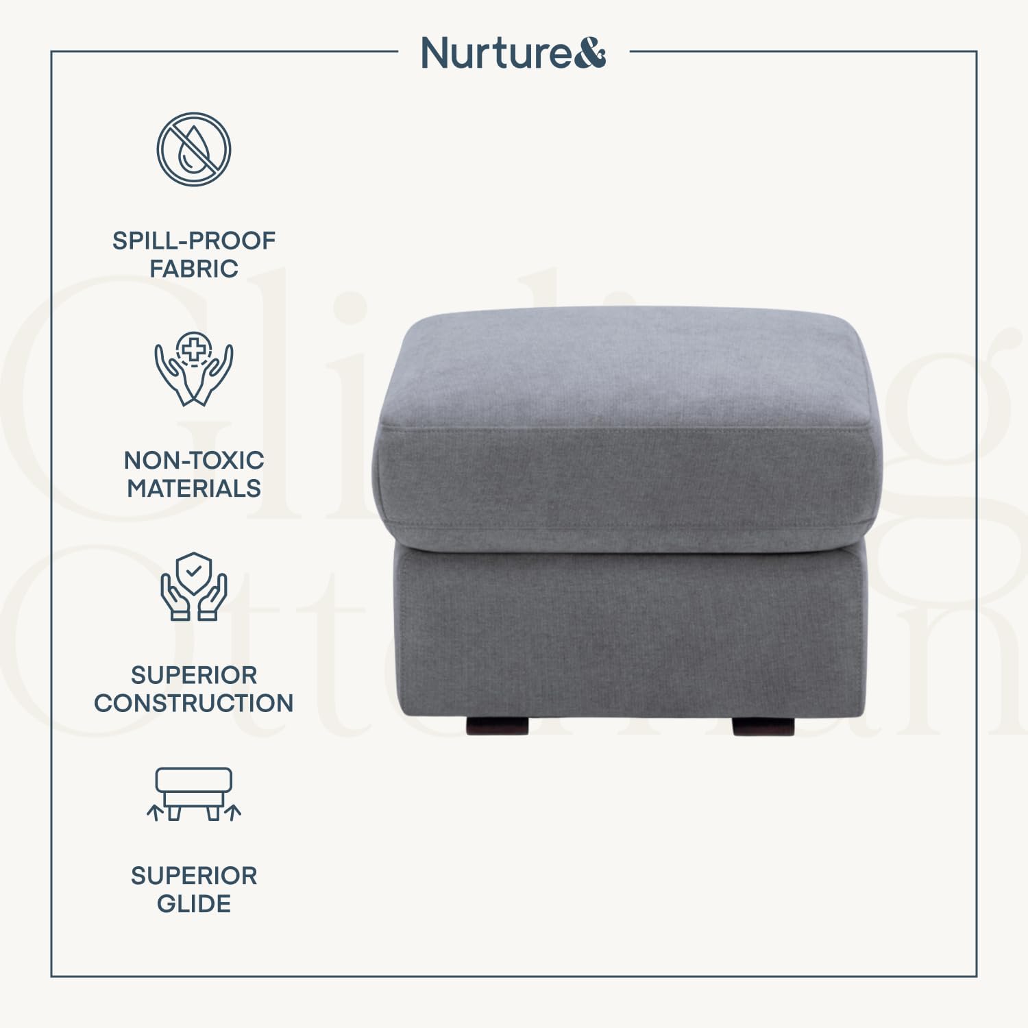 Nurture& Gliding Ottoman - Premium Ottoman Footrest for Nursery or Living Room, Features Premium, Stain-Resistant Performance Fabric in a Sleek, Smooth Glide Design. (Gray)