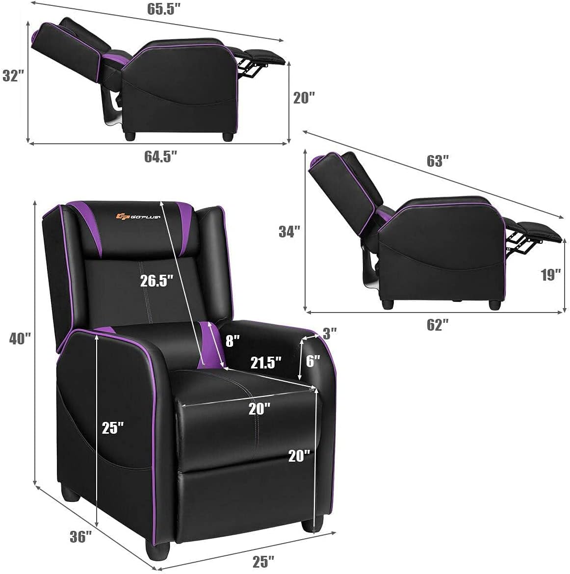 Massage Gaming Recliner Chair, Purple