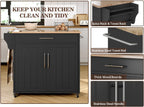Kitchen Storage Island, Wooden Rolling Kitchen Island On Wheels with Countertop, Mobile Kitchen Island Cart with Towel Rack, Spice Rack and Drawers, Black