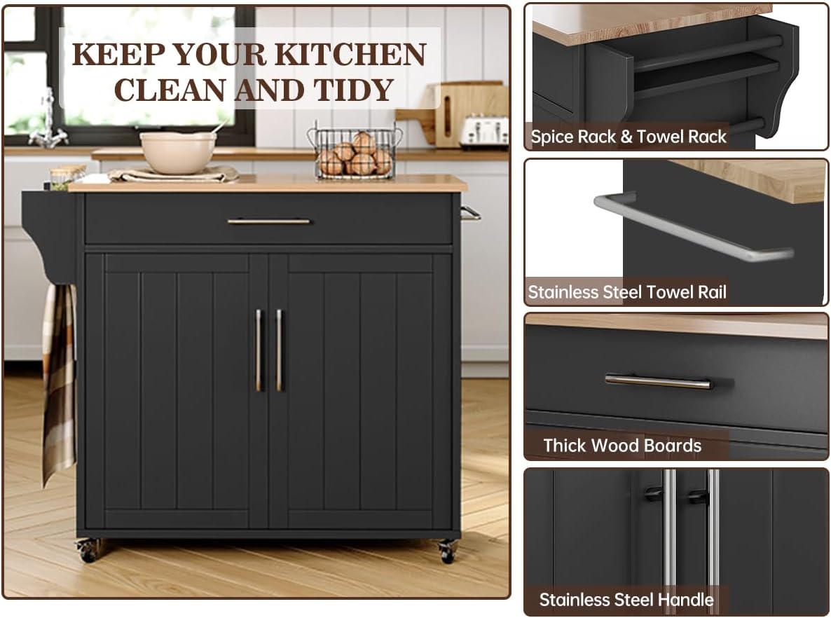 Kitchen Storage Island, Wooden Rolling Kitchen Island On Wheels with Countertop, Mobile Kitchen Island Cart with Towel Rack, Spice Rack and Drawers, Black