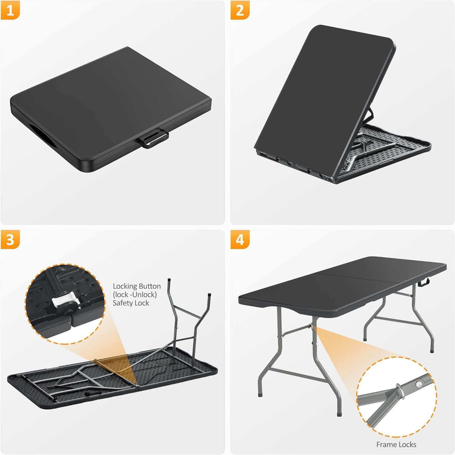 8ft Folding Table - Portable Foldable Table, Picnic Table with Carrying Handle & Safety Locks, Durable Black Folding Table for Parties, Events, Weddings Picnic, Camping, Dining Indoor Outdoor Use