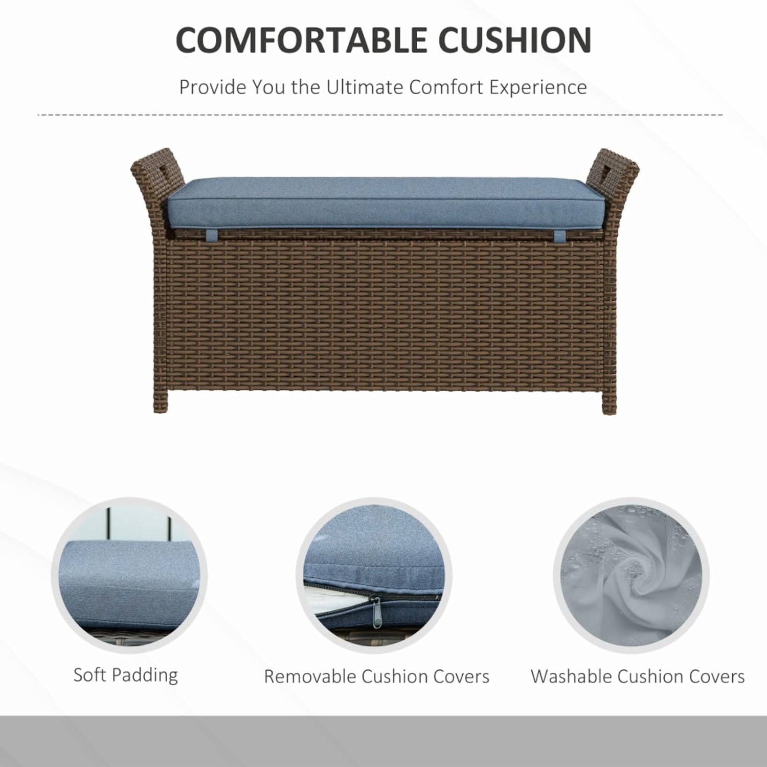 Patio Wicker Storage Bench with PE Rattan & Durable Aluminum Frame for Poolside, Lawn, Outdoor Rectangle Garden Storage Box with Handles and Cushion for Garden, Balcony, Living Room