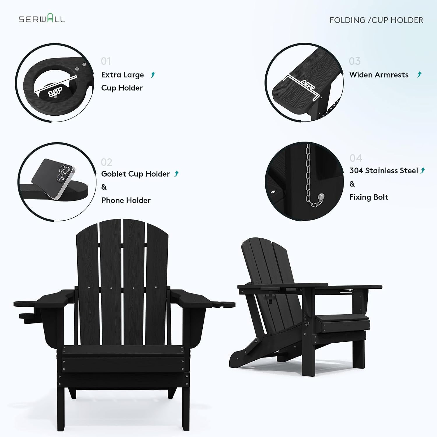SERWALL Folding Adirondack Chairs with Dual Cup Holder, HDPE Adirondack Chairs Set of 4, Plastic Outdoor Chairs,Black