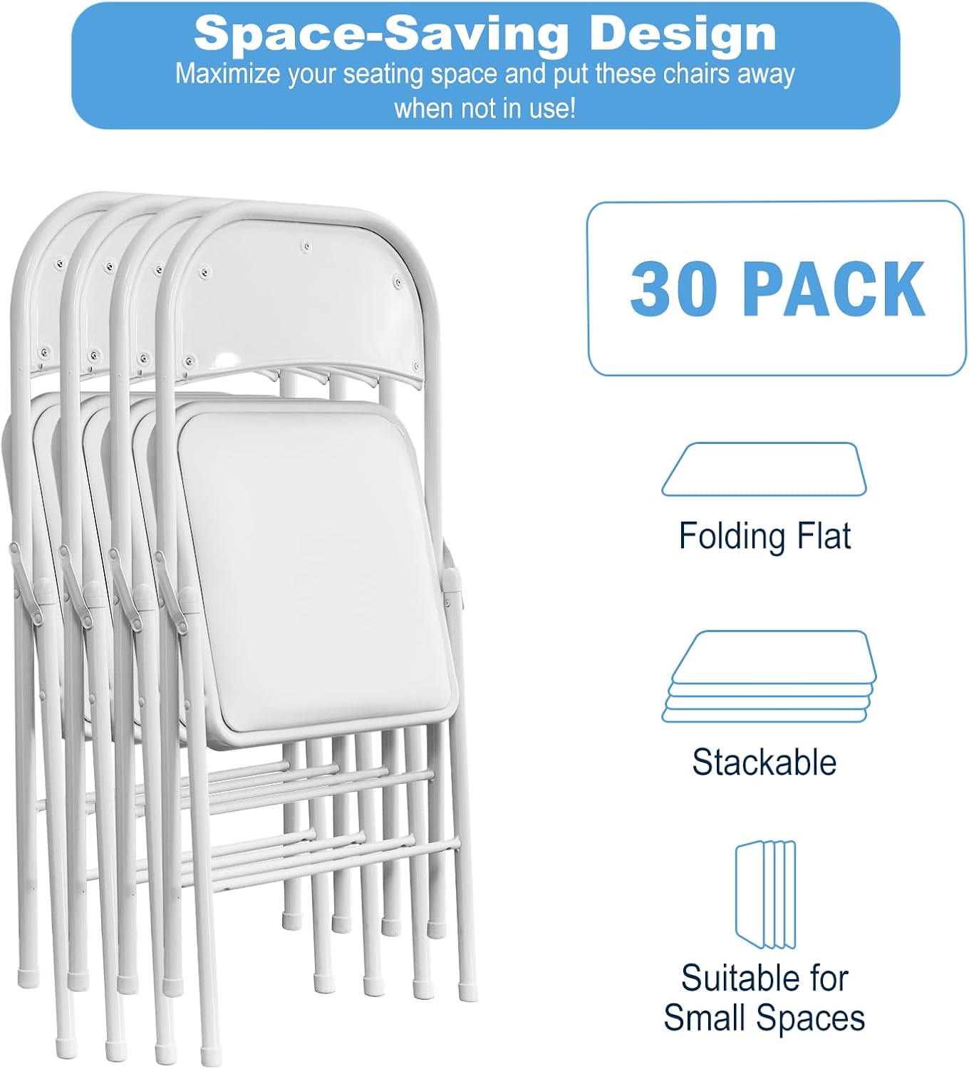 White Folding Chairs 10 Pack, Back Padded Folding Chairs with Cushion, Steel Frame, Portable Stackable Commercial Seat, Chairs for Party Events Office Birtydayt Wedding Indoor Outdoor