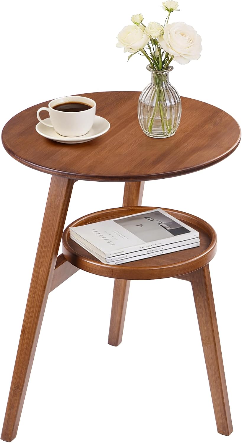 Bamboo Round Side Table, 2-Tier Small Space End Table with Storage Shelf, Mid-Century Modern Rustic Style Narrow Table for Living Room Bedroom Sofa Side