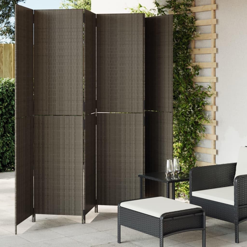 Poly Rattan Room Divider 6 Panels Gray, Privacy Screen with Powder-Coated Steel Frame, Foldable Partition for Indoor Outdoor Use, Blocks Sunlight