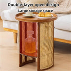 2-Layer Storage End Table, Resin Rattan Small Side Table, Small Round Table with Open Storage, Minimalist Design Sofa Table for Living Room and Balcony(Brown,39cm/15.4in)