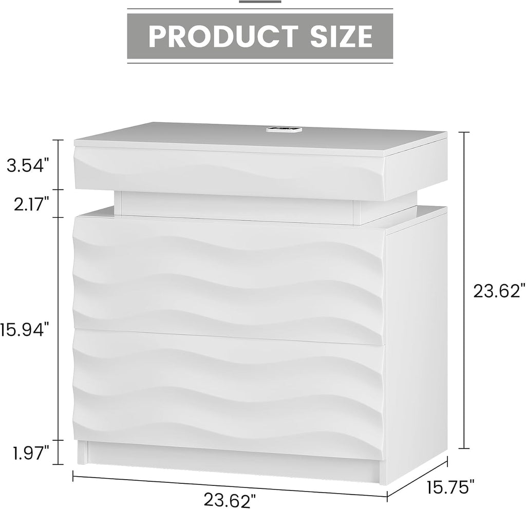 Night Stand with Gun Drawer - 23.6" Extra Wide LED 2 - Drawer Nightstand with Hidden Storage Human Sensor Light - Charging Bedside End Table with USB & Type-C Port for Bedroom, White