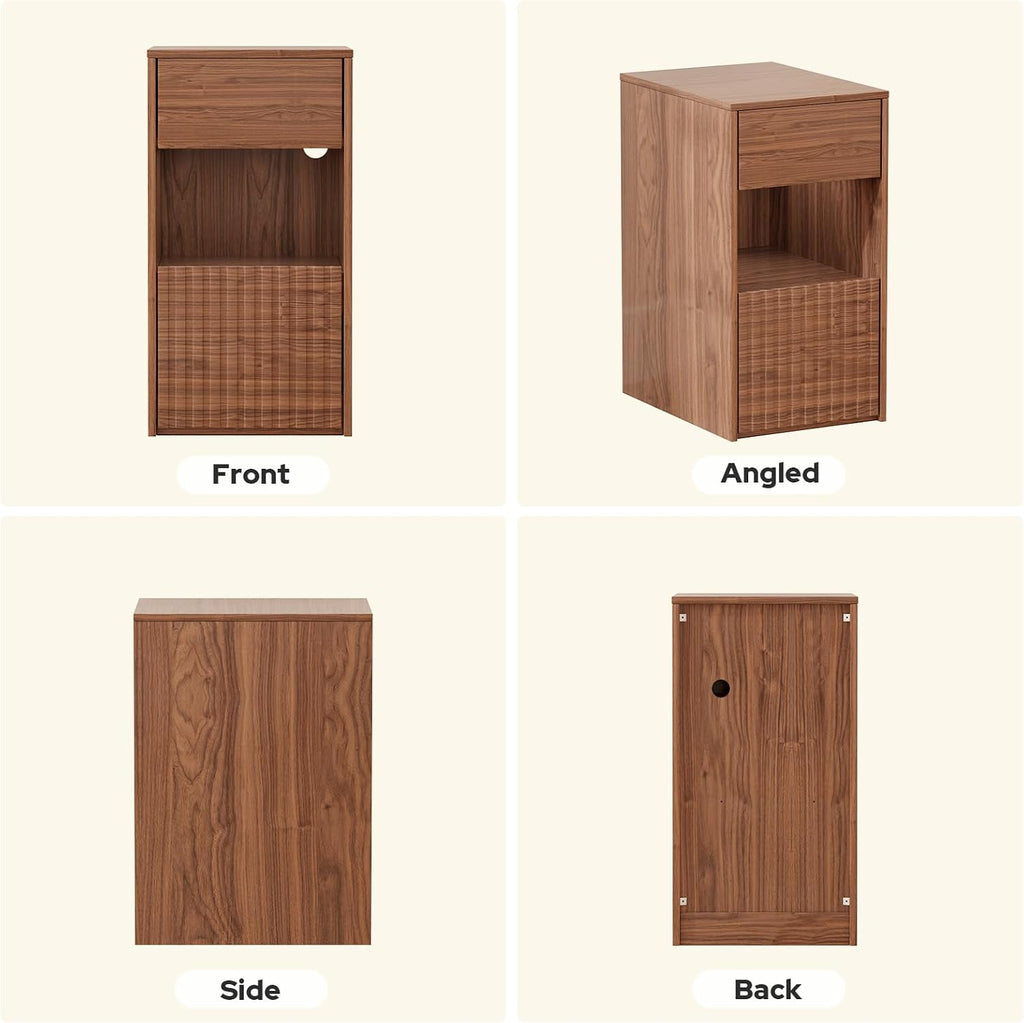 Eongdon Fluted Nightstand Set of 2, Mid Century Modern End Table with 2 Drawers and Open Storage, 11.7" W Narrow Bedside Table Organizer, Wood-Like Walnut Finish Compact Night Stand for Bedroom, Sofa