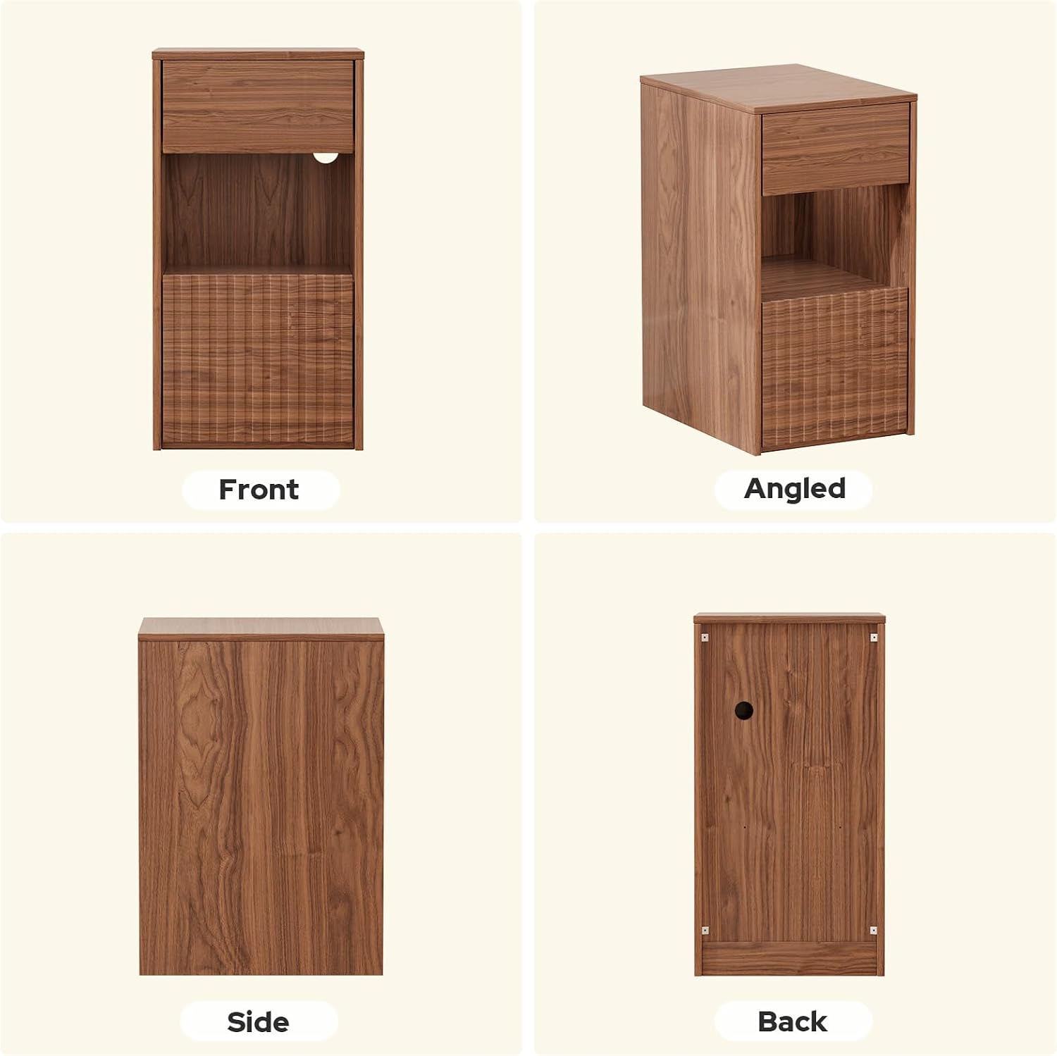 Eongdon Fluted Nightstand Set of 2, Mid Century Modern End Table with 2 Drawers and Open Storage, 11.7" W Narrow Bedside Table Organizer, Wood-Like Walnut Finish Compact Night Stand for Bedroom, Sofa