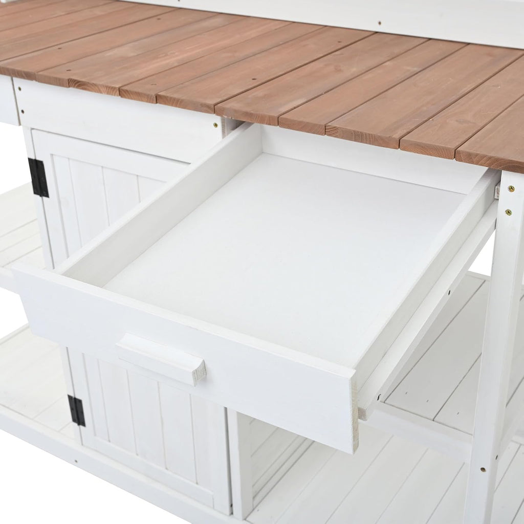 66” Large Outdoor Potting Table with 2 Drawers, Cabinet, Open Shelves, Wooden Potting Bench for Garden, Patio, Farmhouse, Backyard, Spacious Workstation (White, 66")