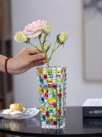 Magcolor Hand Painted Colorful Woven Glass Vase -Crystal Flower Vase- 7.7 inch, Glass Plant Vase for Floral Arrangements, Centerpieces, Weddings, Housewarming, Centerpiece Home Deco