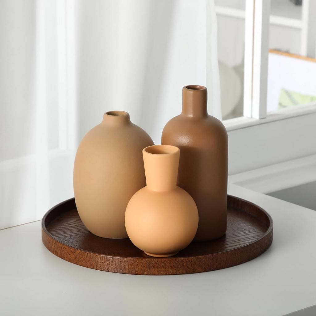 3 Pcs Ceramic Vases for Pampas Grass Modern Terracotta Vase Brown for Home Decor Round Matte Boho for Table Decor Living Room Minimalist Nordic Centerpiece Decorations, 7.1", 5.8", 4.9"