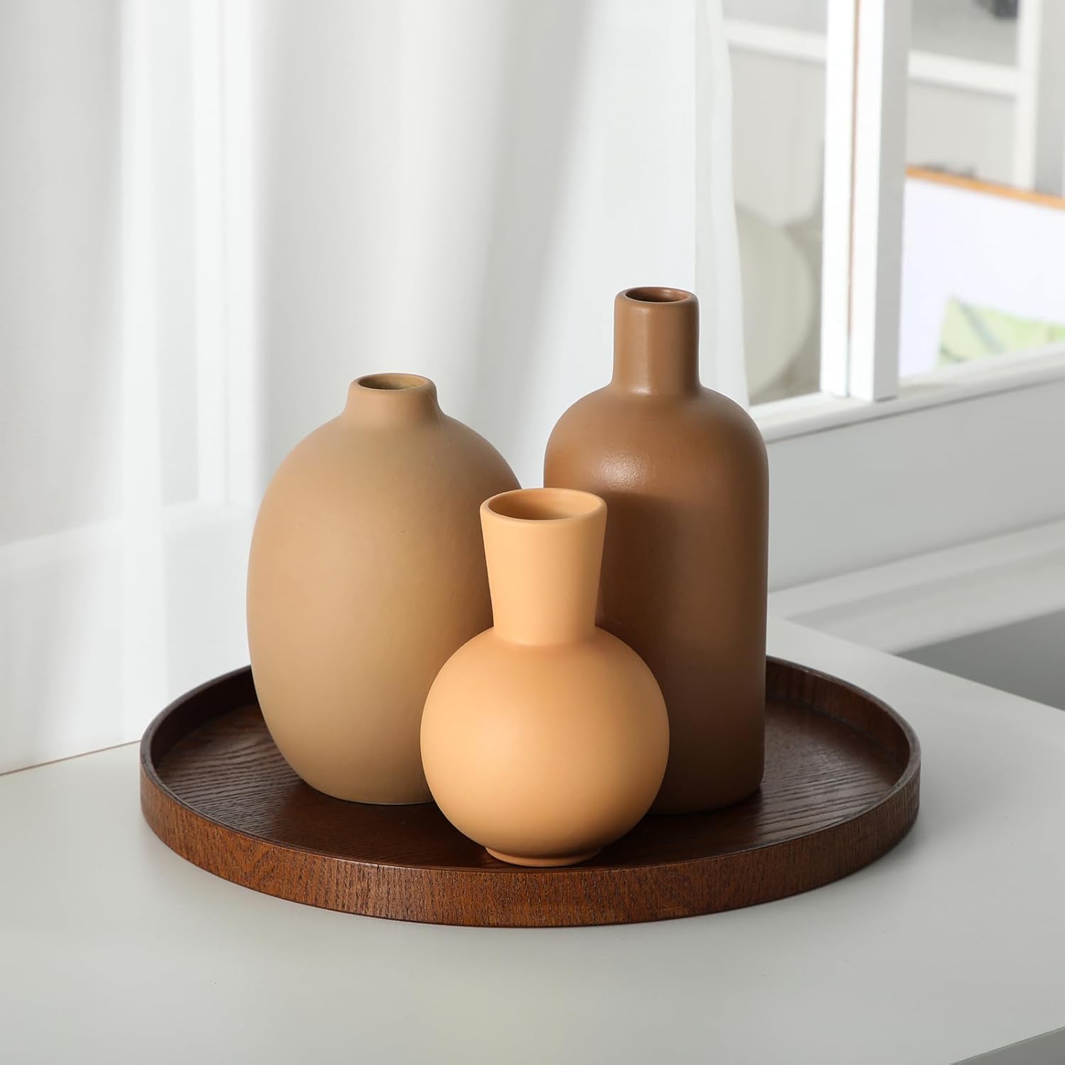 3 Pcs Ceramic Vases for Pampas Grass Modern Terracotta Vase Brown for Home Decor Round Matte Boho for Table Decor Living Room Minimalist Nordic Centerpiece Decorations, 7.1", 5.8", 4.9"