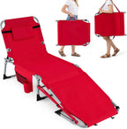 GYMAX Tanning Chair, 330LBS Beach Lounge Chair with Face Arm Hole & Hand Shoulder Strap, Folding Layout Sunbathing Chair, Face Down Outdoor Chaise Lounger for Patio, Poolside, Lawn, Backyard (1, Red)