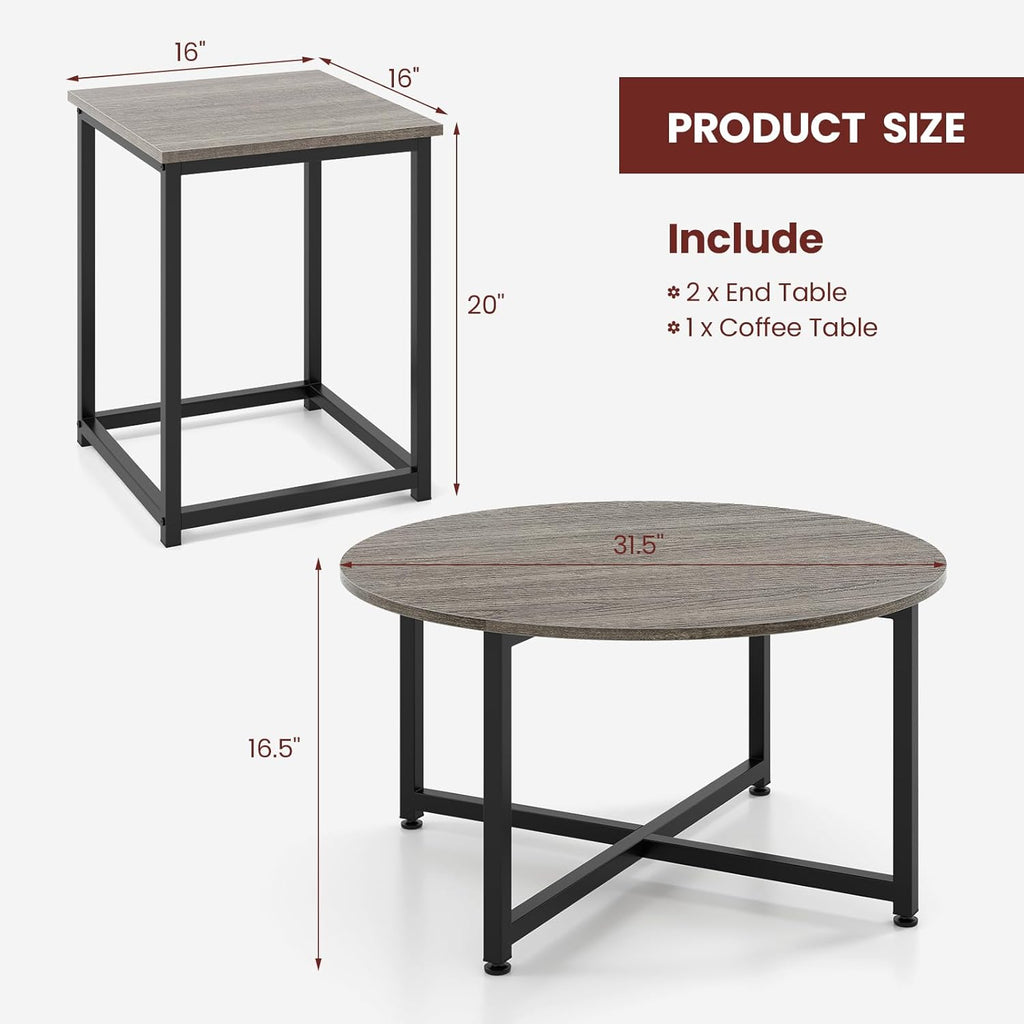 Giantex Round Nesting Table Set of 3, Farmhouse Coffee Table w/2 End Tables, Sturdy Metal Frame, 3-Piece Wooden Living Room Table Set for Home Office, Apartment (Black Oak)