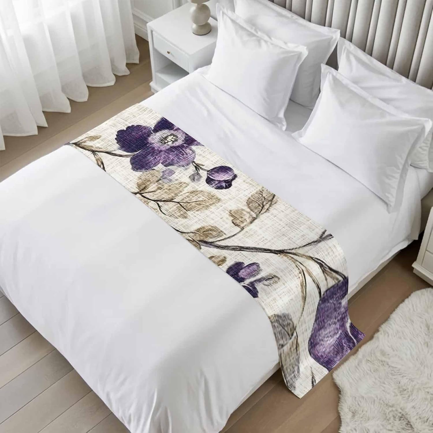 Spring Botanical Bed Runner Bedding Decorative Scarf for Fits Cal King Bed, Watercolor Purple Floral Leaf Vintage Beige Luxury Foot Throw with Satin for Hotels Homes, Guest Rooms, 102" x 20"