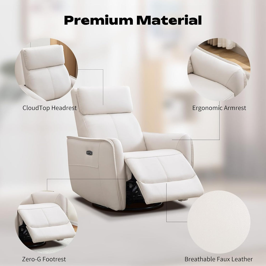 CANMOV Power Recliner Swivel Glider, Electric Swivel Rocker Recliners, Leatheraire Chair, Nursery Rocking Recliner Chair Reclining Sofa for Living Room, USB&Type-C Port, Cream White