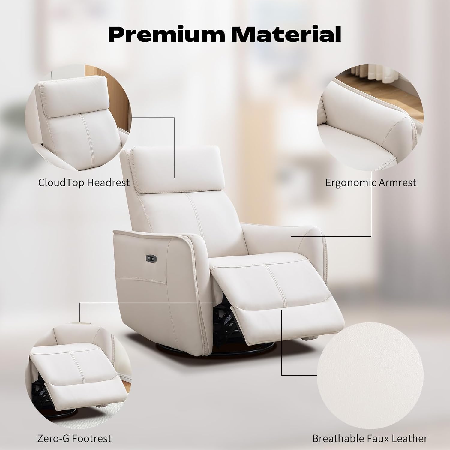 CANMOV Power Recliner Swivel Glider, Electric Swivel Rocker Recliners, Leatheraire Chair, Nursery Rocking Recliner Chair Reclining Sofa for Living Room, USB&Type-C Port, Cream White