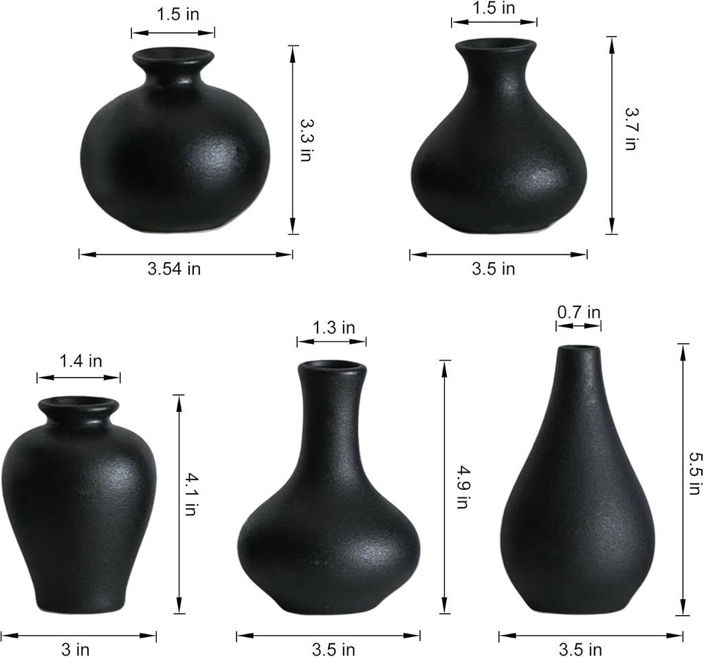 Small Ceramic Vase Set of 5, Black Bud Vase with Boho Decorative Design for Fireplace, Entryway & Living Room Centerpiece