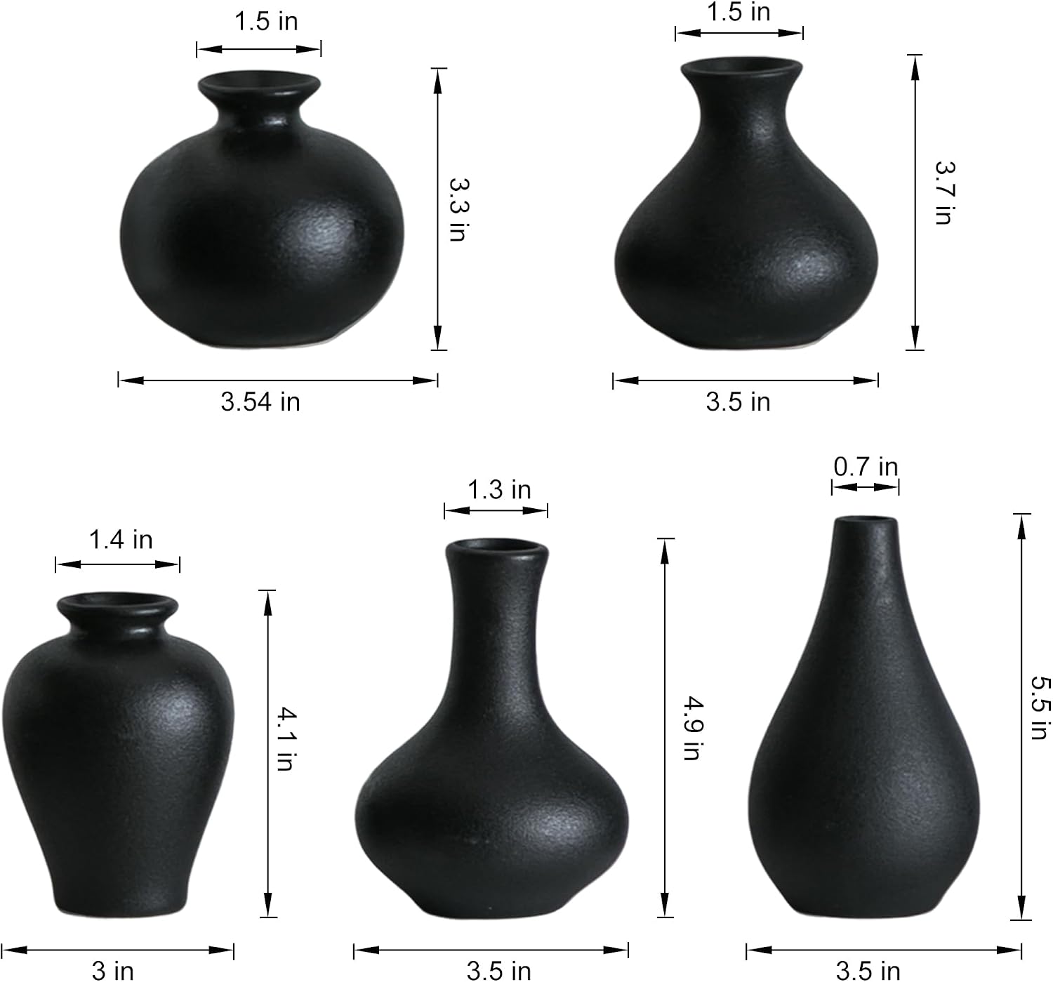 Small Ceramic Vase Set of 5, Black Bud Vase with Boho Decorative Design for Fireplace, Entryway & Living Room Centerpiece