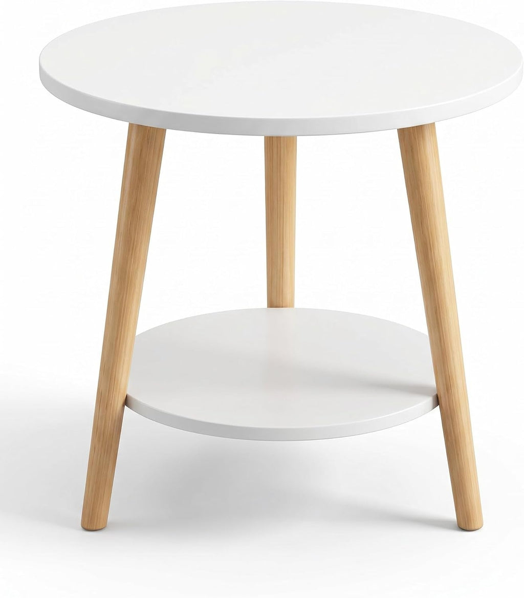 Round Side Table 2-Tier Wood Coffee Table Night Stand with Stable Triangle Legs for Living Room, Bedroom, Couch, Bedside