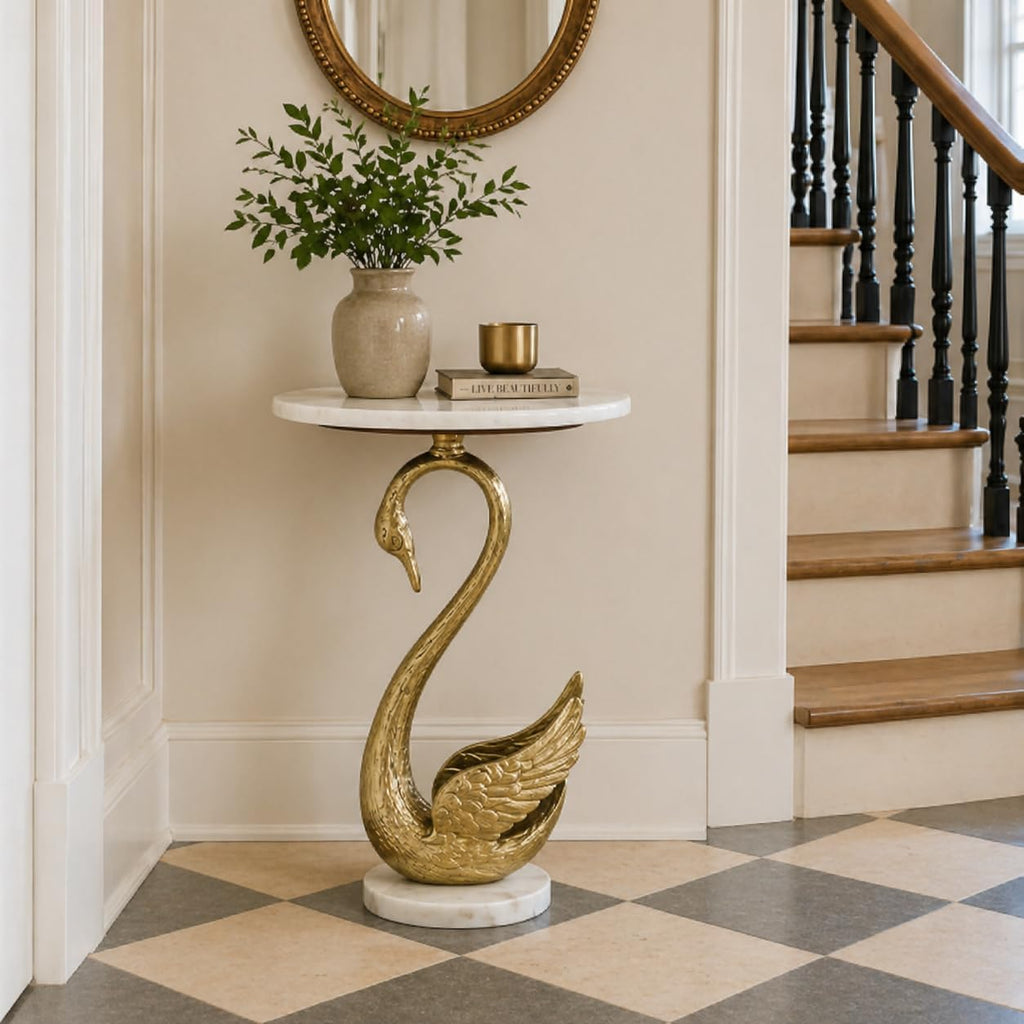 Swan Side Table with White Marble Top | Decorative Sculptural End Table | Aluminum Base | Gold Accent Table for Living Room | 16x16x23.75