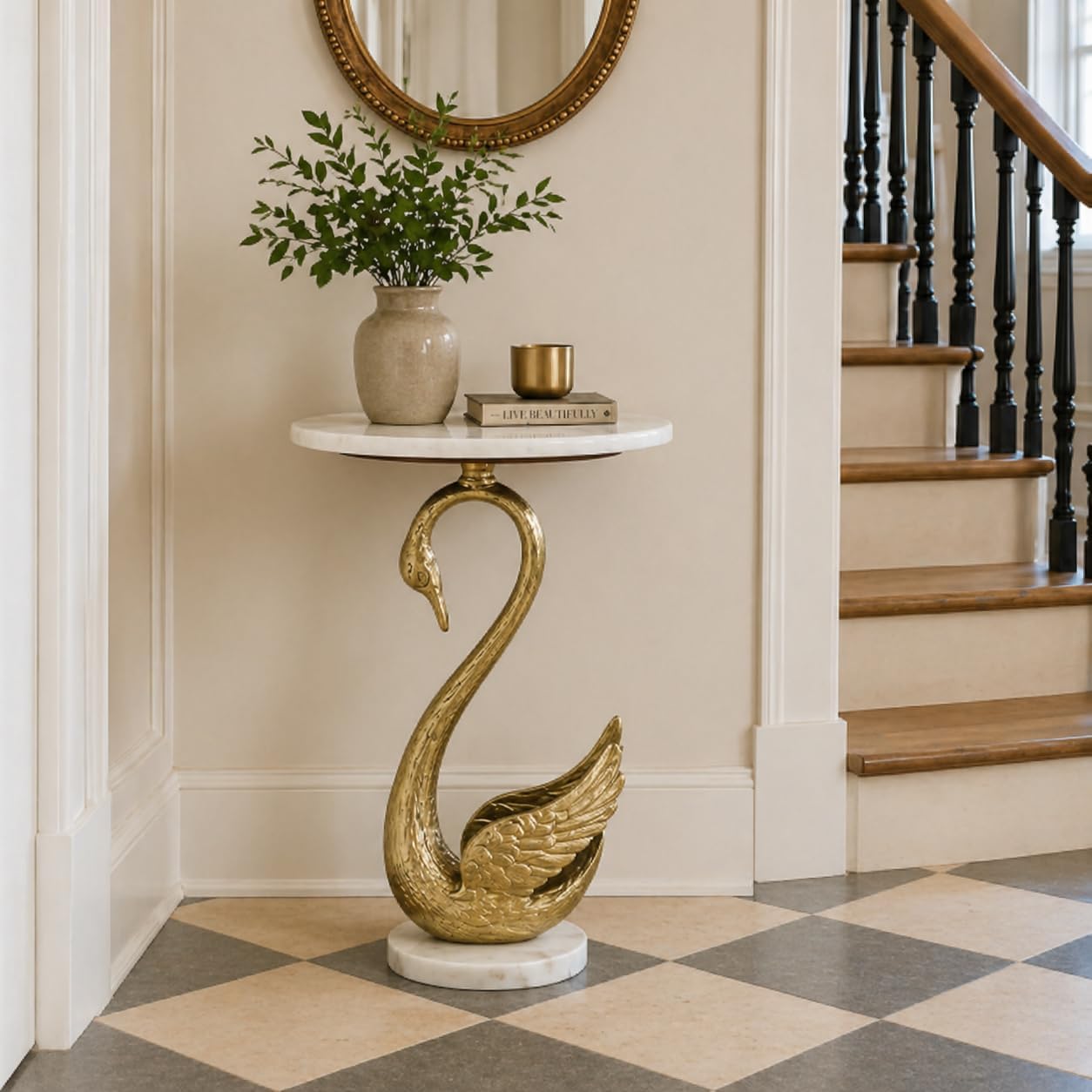 Swan Side Table with White Marble Top | Decorative Sculptural End Table | Aluminum Base | Gold Accent Table for Living Room | 16x16x23.75