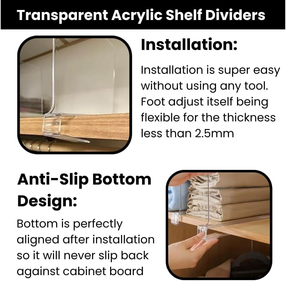 Acrylic Shelf Dividers 8 Pack – Heavy Duty Clear Shelf Dividers for Closets, Cabinets & Shelves – Closet Dividers for Clothing, Handbags & Home Organization