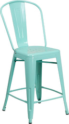 Flash Furniture Carly Commercial Grade 24" High Mint Green Metal Indoor-Outdoor Counter Height Stool with Back