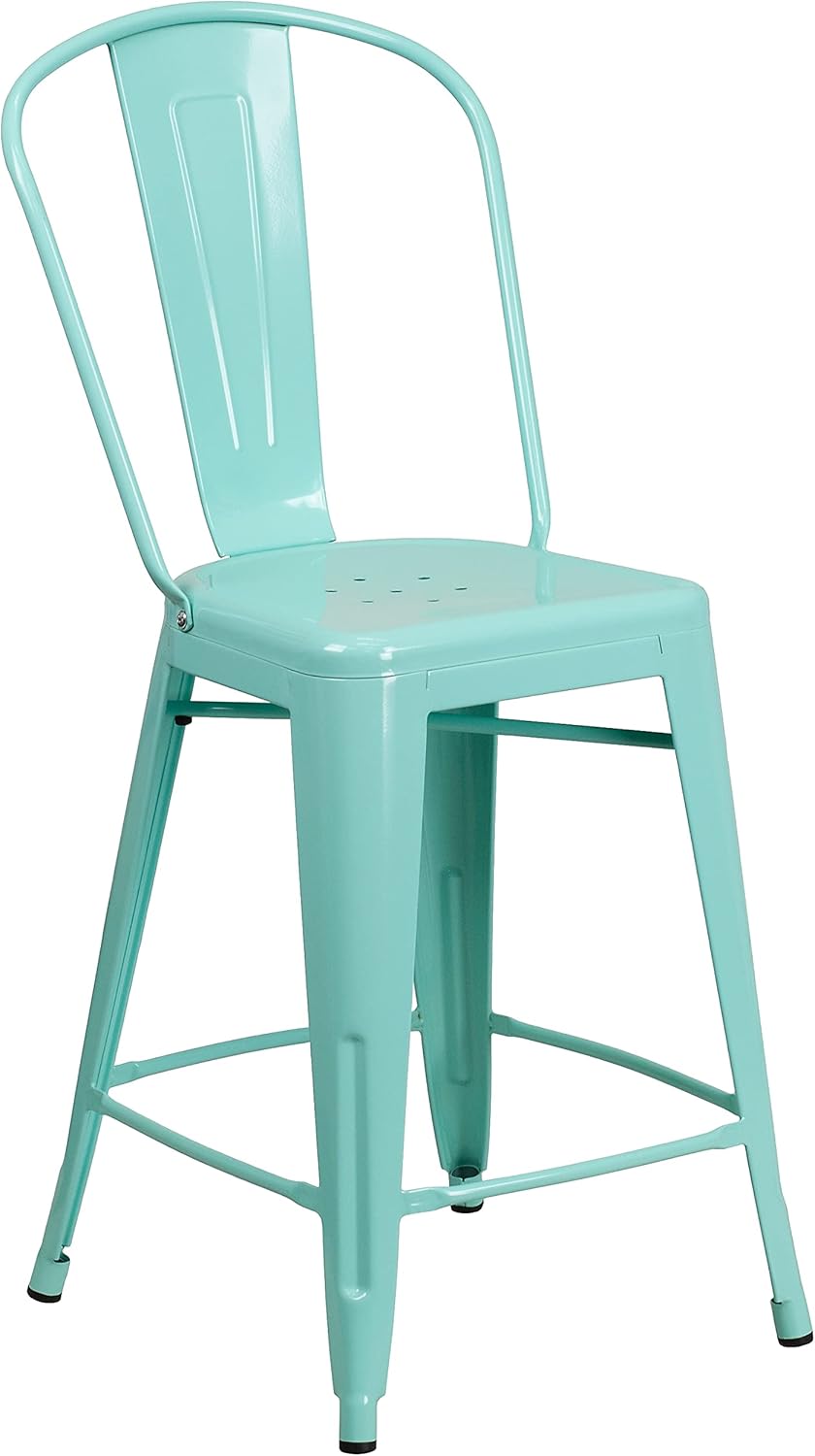 Flash Furniture Carly Commercial Grade 24" High Mint Green Metal Indoor-Outdoor Counter Height Stool with Back