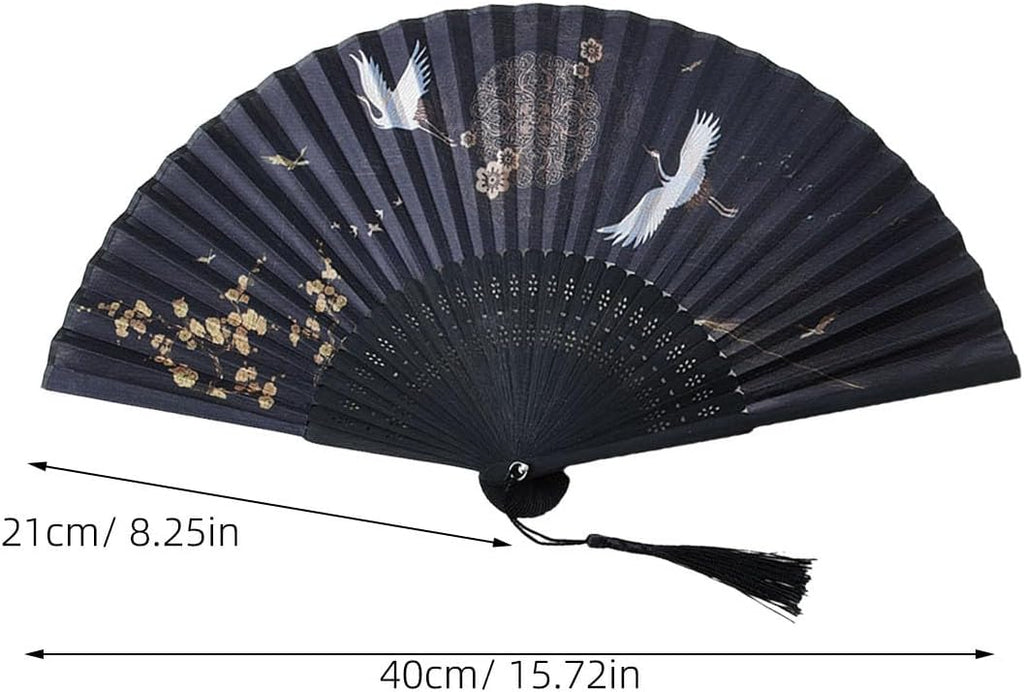 Chinese Style Handheld Folding Fan Vintage Classic Hand Fan for Wedding Dance Party Photo Prop with Crane Pattern