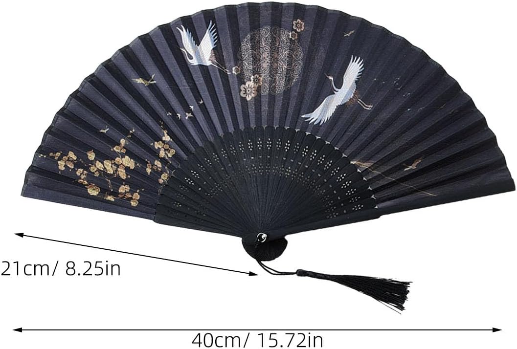 Chinese Style Handheld Folding Fan Vintage Classic Hand Fan for Wedding Dance Party Photo Prop with Crane Pattern