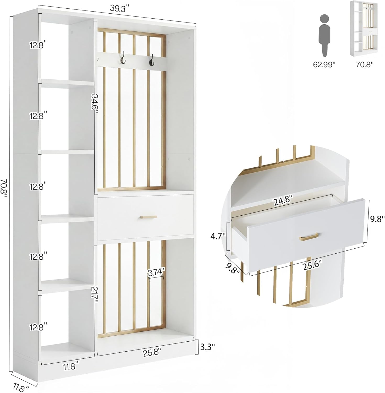 Tribesigns 70.8-Inch Wall Room Divider with Shelves, Modern Freestanding Room Divider with Drawer & Coat Racks, Wood Wall Partition Room Dividers for Room Separation, Home, Office, White & Gold
