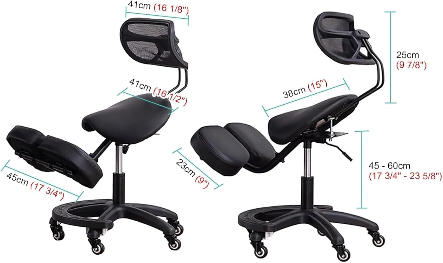 Modern Ergonomic Saddle-Shaped Kneeling Chair with Backrest, 360-Degree Swivel and Adjustable Angle Office Chair, Black Leather