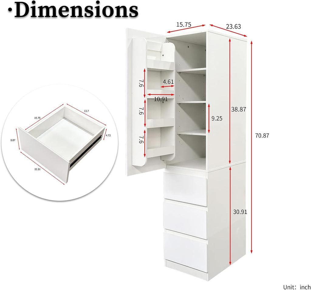 JOYSOURCE Narrow 24'' Deep Kitchen Pantry Storage Cabinet with Doors, Shelves, Drawers Tall Cupboard for Food Glossy White (Left-Hinged)