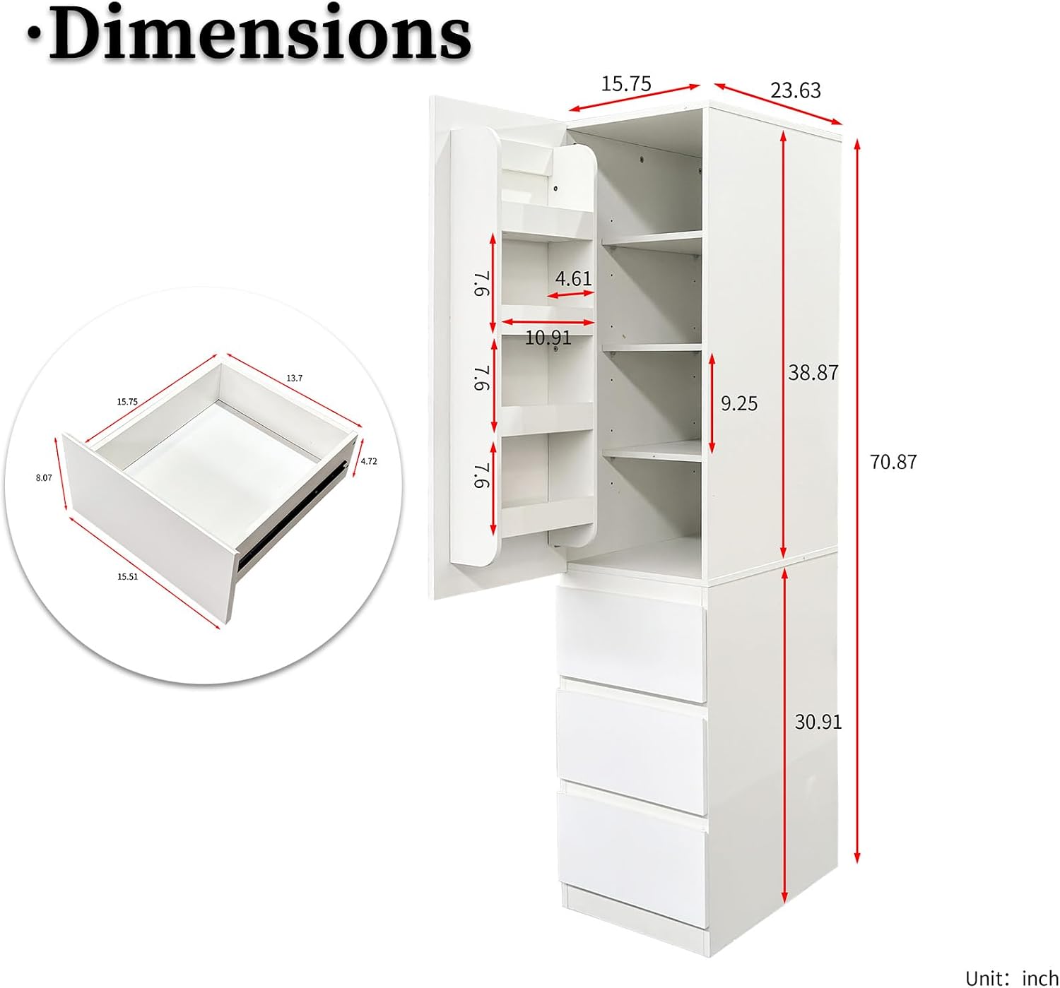 JOYSOURCE Narrow 24'' Deep Kitchen Pantry Storage Cabinet with Doors, Shelves, Drawers Tall Cupboard for Food Glossy White (Left-Hinged)