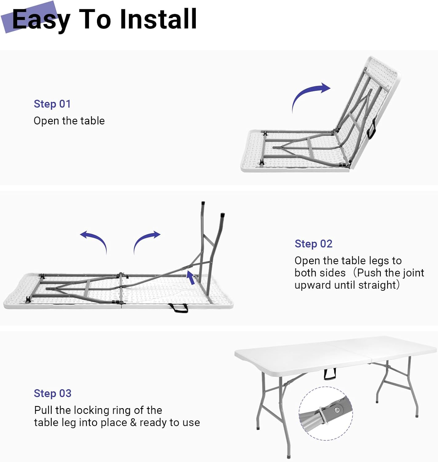 Byliable Folding Table 6ft, Heavy Duty Portable Plastic Fold-in-Half Utility Table with Carrying Handle for Indoor Outdoor, Camping Picnic Party, White