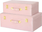 HofferRuffer Velvet Storage Trunks with Wood Frame, Set of 2 Storage Chests with Handles, Bedroom Organizer Nesting Upholstered Decorative Boxes Hinged Lid with Gold Hardware Accents (Pink Trunks)