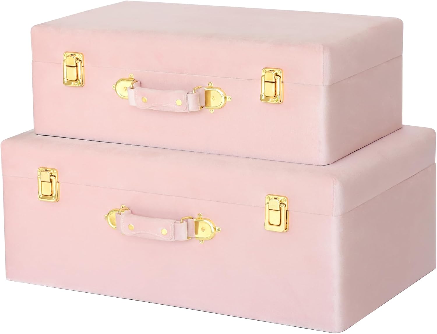 HofferRuffer Velvet Storage Trunks with Wood Frame, Set of 2 Storage Chests with Handles, Bedroom Organizer Nesting Upholstered Decorative Boxes Hinged Lid with Gold Hardware Accents (Pink Trunks)