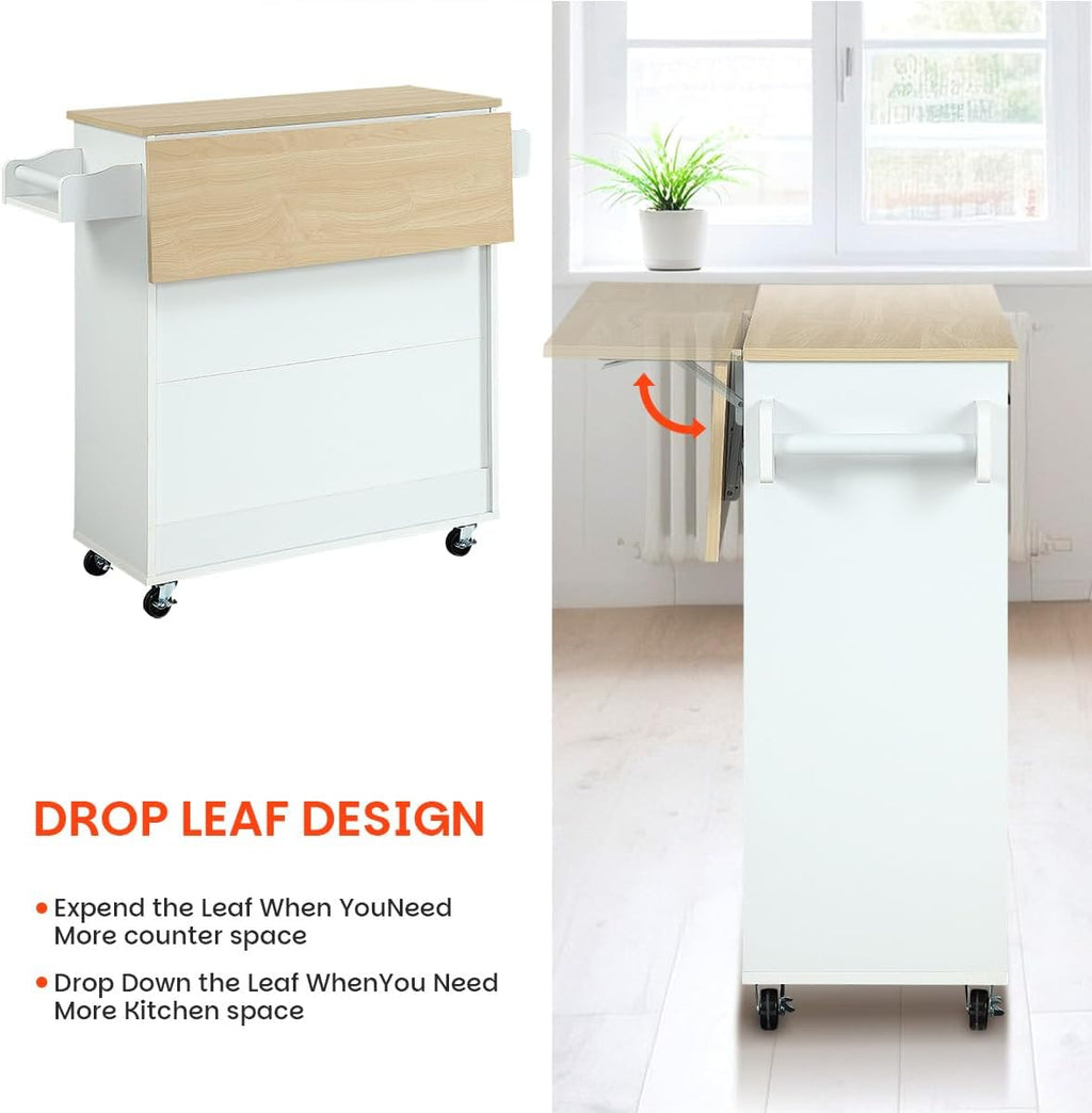 Kitchen Island with Storage, Rolling Kitchen Island on Wheels with Scalable,Open Spice Rack Shelf, Door Cabinet，Kitchen Cart Island Table for Kitchen, White