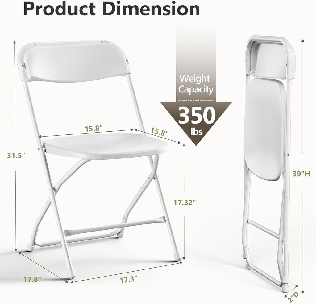 White Folding Chairs 4 Pack, Plastic Folding Chairs for Outside, Heavy Duty Foldable Chairs, Sturdy Metal Folding Chairs, 350 lbs Capacity, for Patio, Garden, Party